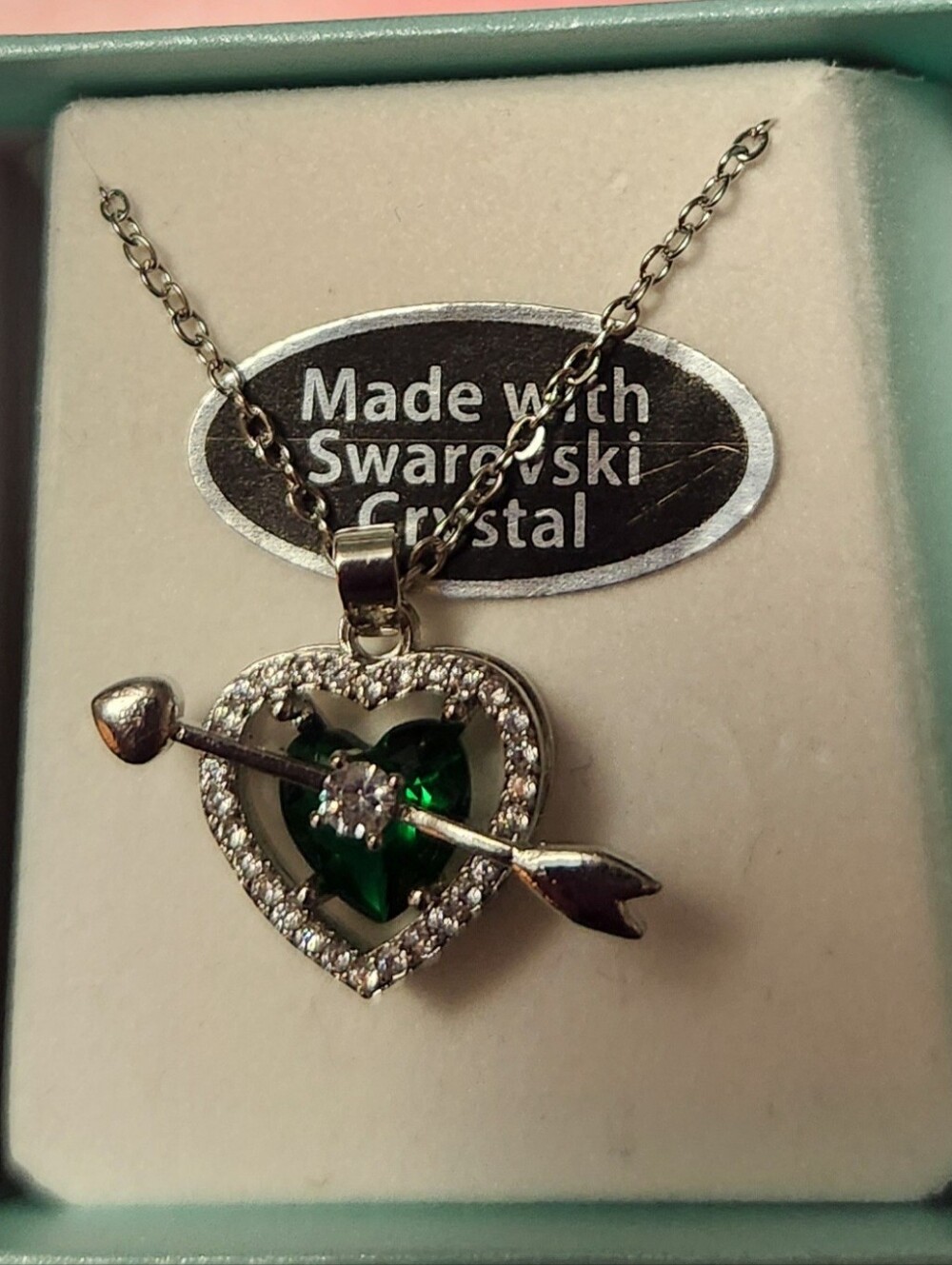 SWAROVSKI CRYSTAL HEART NECKLACE/ARROW, GRREN CENTER, SILVER TONE, NEW, MACY'S